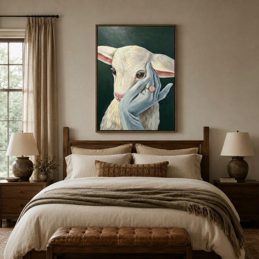 Framed lamb and jeweled hand canvas print above a linen bed in a serene bedroom setting