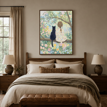 Dreamy girl and cat canvas print in bedroom – whimsical floral illustration with white dress girl and black cat above bed by Aurewall