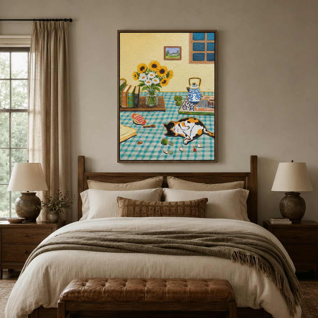 Calico cat folk art print in float frame above bed in cozy bedroom interior setting