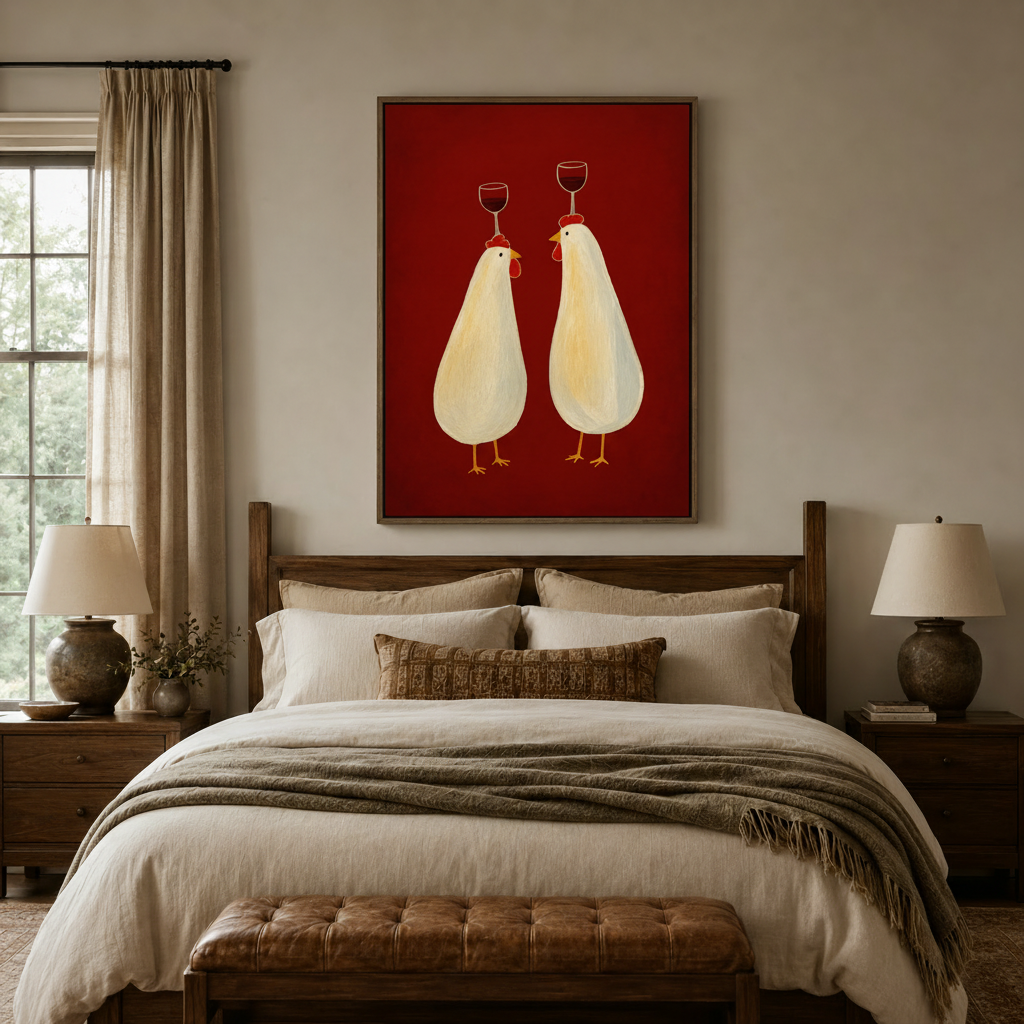 Funny chicken wine art canvas above a dark wood bed frame in a warm neutral bedroom