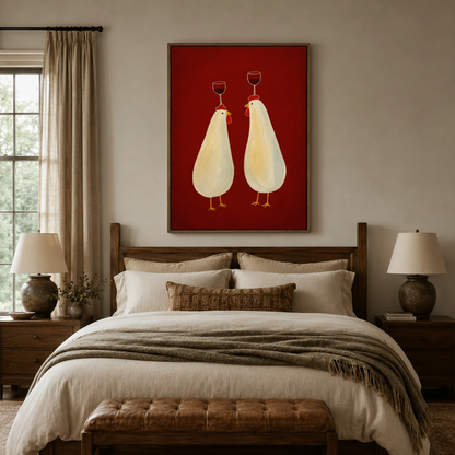 Funny chicken wine art canvas above a dark wood bed frame in a warm neutral bedroom
