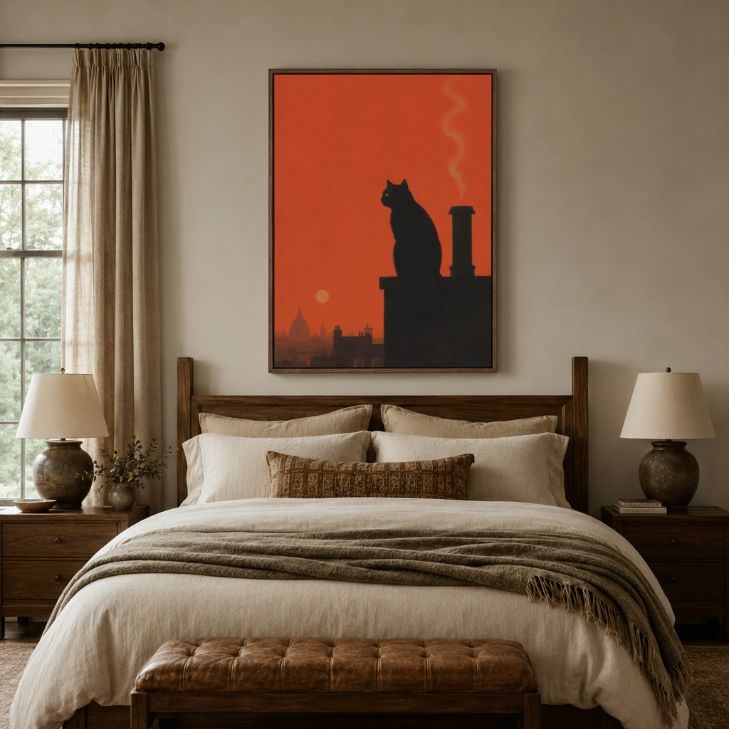 Black cat rooftop sunset art in float frame above bed in cozy neutral bedroom with warm lighting