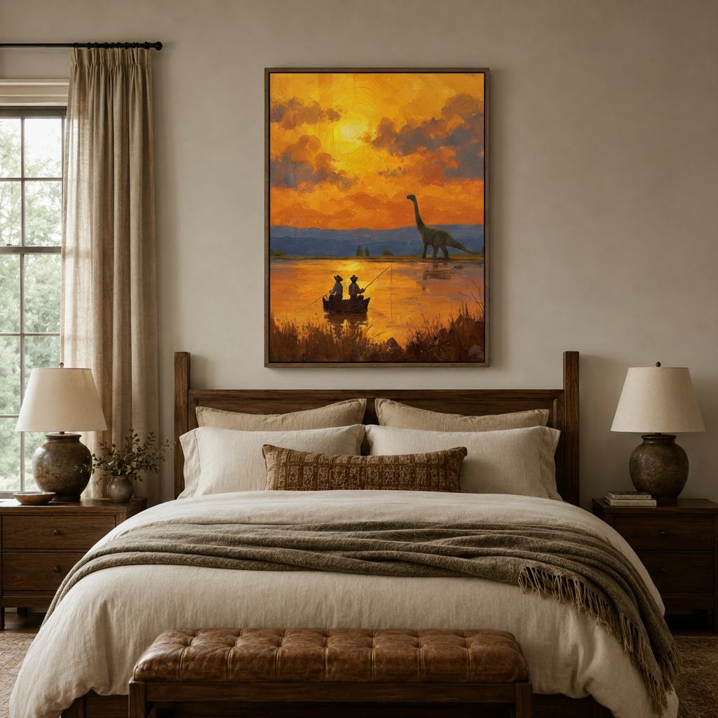 Impressionist-style dinosaur and cowboys fishing canvas above a rustic bedroom bed