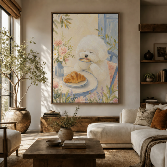 Impressionist Bichon Frise pastel print displayed in warm Japandi living room setting