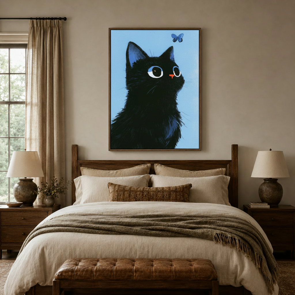 Black cat butterfly wall art above a wooden bed frame in a warm, neutral bedroom setting