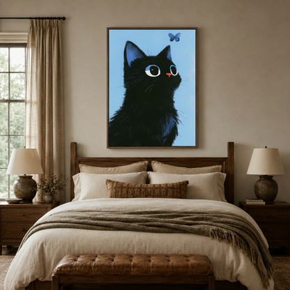Black cat butterfly wall art above a wooden bed frame in a warm, neutral bedroom setting