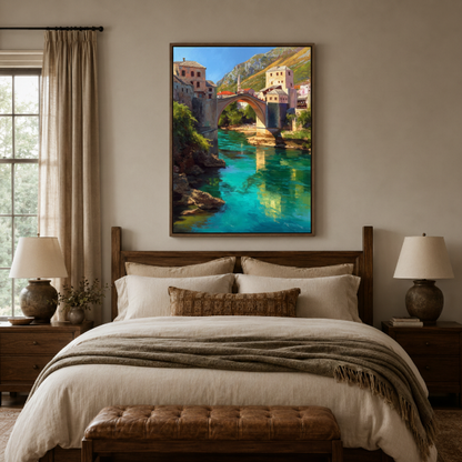 European river town canvas wall art bedroom detail – close-up of realist oil painting showing turquoise river and sunlit stone buildings by Aurewall