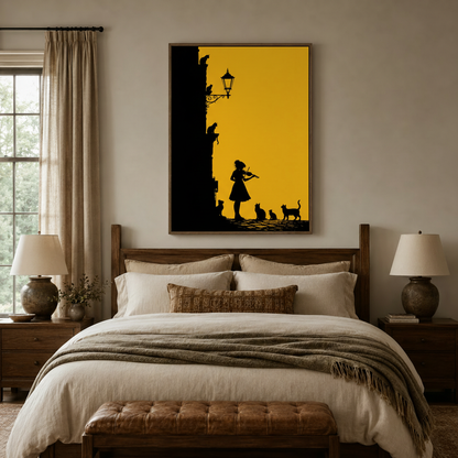 Violinist with cats silhouette canvas above a rustic wooden bed in a cozy warm-toned bedroom