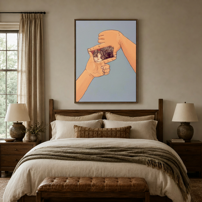 Flat illustration cat canvas art above a bed in a neutral-toned bedroom setting
