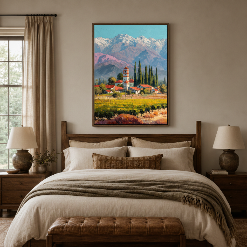 Alpine village Tuscany canvas wall art bedroom detail – close-up of impressionist oil painting showing cypress trees church and snowy mountain texture by Aurewall