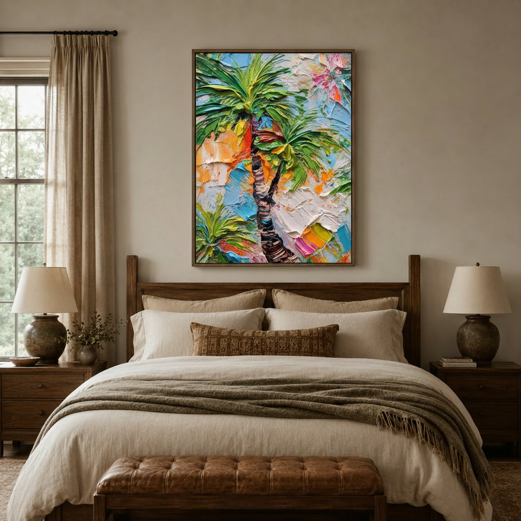 Tropical palm tree impasto canvas art in walnut float frame above wooden bed in warm bedroom