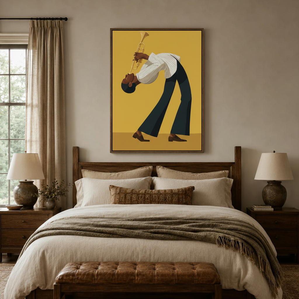  Bold jazz musician wall art above a linen bed in a serene bedroom, mustard yellow palette