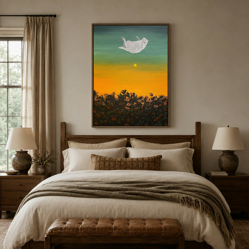 Dreamy floating cat sunflower wall art framed canvas above wooden bed in cozy neutral bedroom