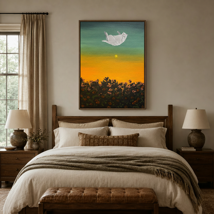 Dreamy floating cat sunflower wall art framed canvas above wooden bed in cozy neutral bedroom