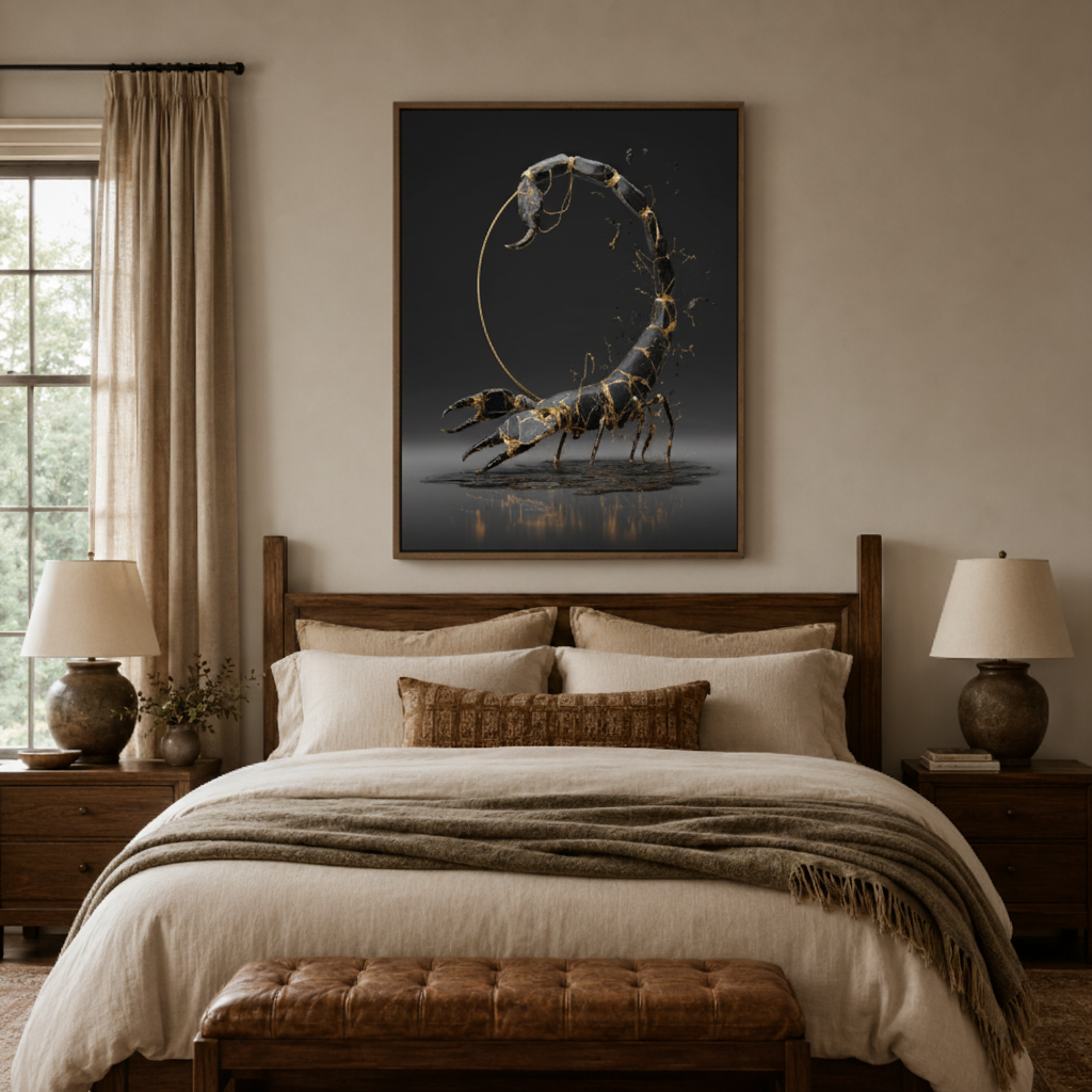 Scorpio zodiac canvas wall art bedroom detail – close-up of dark minimalist 3D illustration showing metallic scorpion texture and circular composition by Aurewall