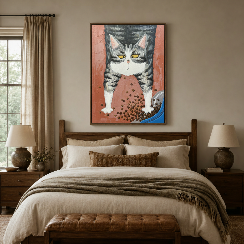 Grumpy tabby cat impasto canvas print above bed in cozy neutral bedroom with warm linen bedding