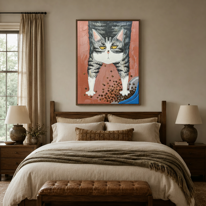 Grumpy tabby cat impasto canvas print above bed in cozy neutral bedroom with warm linen bedding