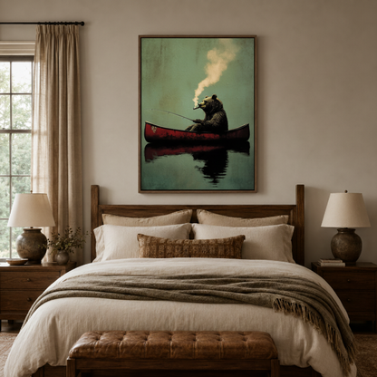 Gentleman bear canoe canvas wall art bedroom detail – close-up of humorous oil painting showing bear face pipe smoke and red canoe on misty green water by Aurewall