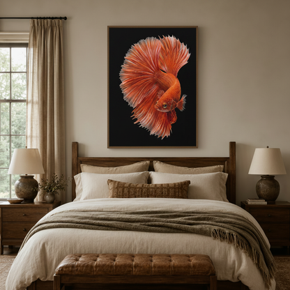 Betta fish canvas wall art centered above bed in cozy farmhouse-style bedroom