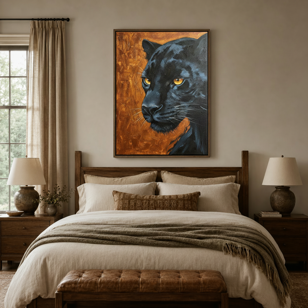  Black panther canvas painting above a wooden bed in a cozy neutral-toned bedroom
