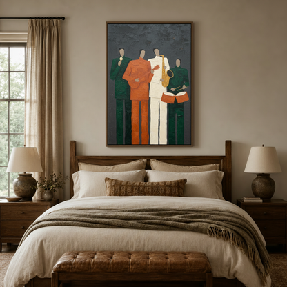 Abstract figurative jazz band canvas print centered above bed in cozy bedroom interior