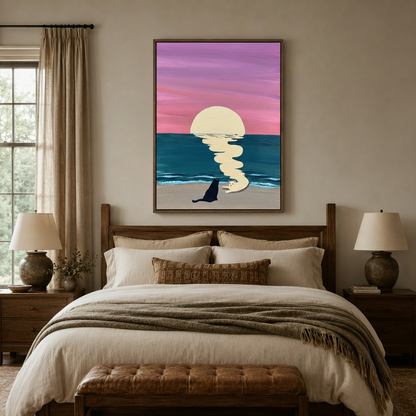 Sunset cats canvas art above a bed in a cozy neutral bedroom with linen bedding