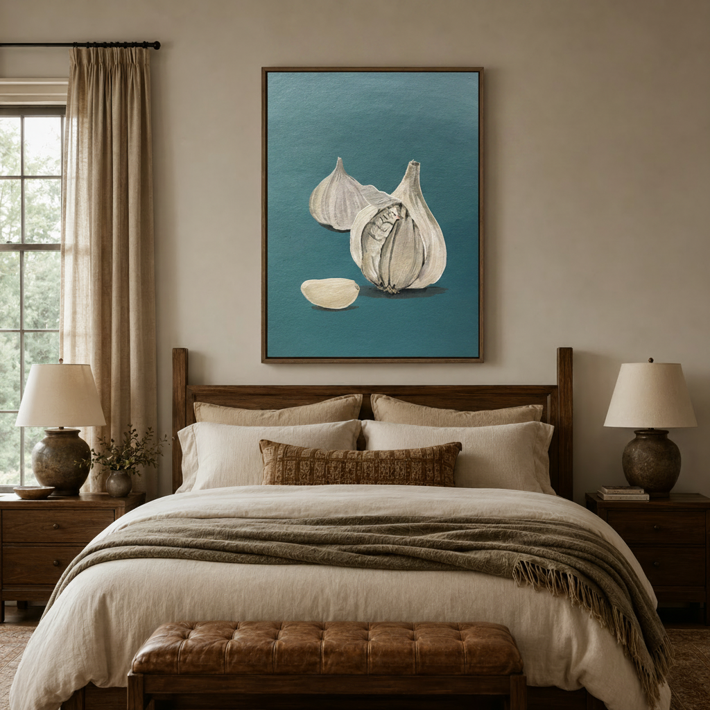Garlic still life canvas above wooden bed headboard in cozy neutral bedroom setting