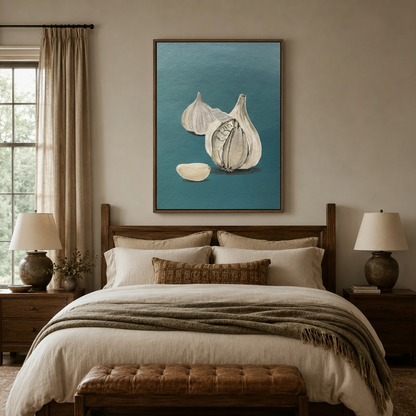 Garlic still life canvas above wooden bed headboard in cozy neutral bedroom setting