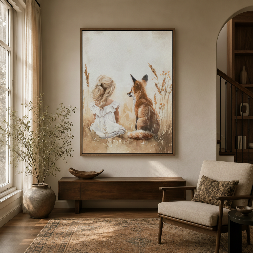 Woodland nursery wall art of girl and red fox in float frame styled in warm neutral living room