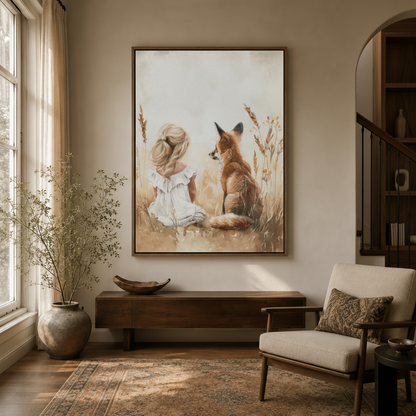 Woodland nursery wall art of girl and red fox in float frame styled in warm neutral living room