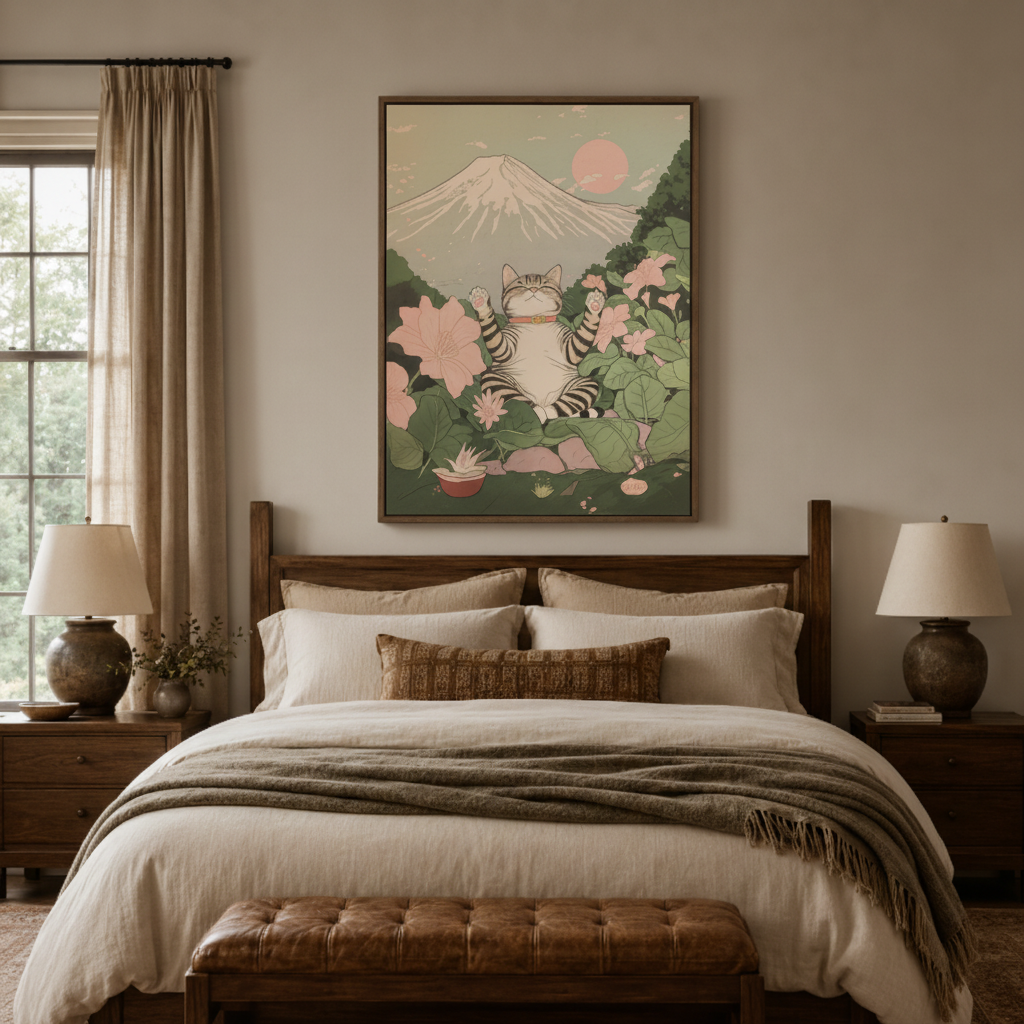 Zen Mount Fuji canvas print in bedroom – Japanese cherry blossom and crane illustration in soft sage tones as calming wall decor above bed by Aurewall