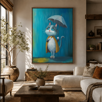 Rainy day cat canvas wall art in living room – cute whimsical oil painting with blue cat holding umbrella displayed as tender statement piece above sofa by Aurewall