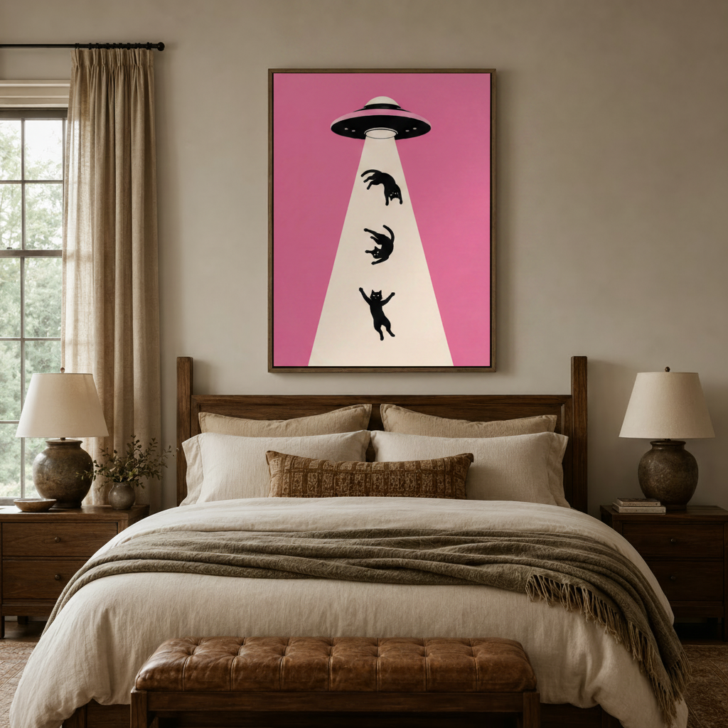Bold pink UFO cat abduction canvas above wooden bed frame in warm neutral bedroom