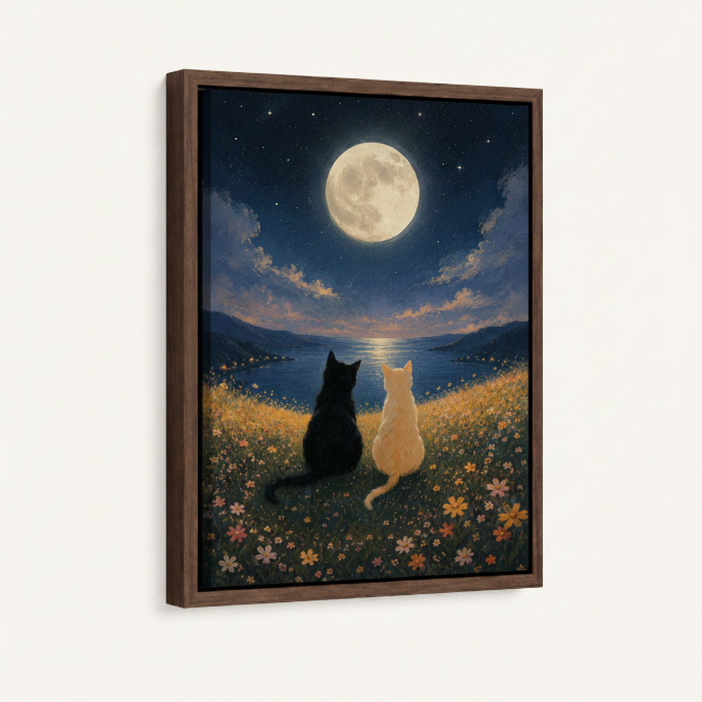 Black cat moon framed canvas wall art – dreamy illustration of black cat sitting in wildflowers gazing at full moon by Aurewall