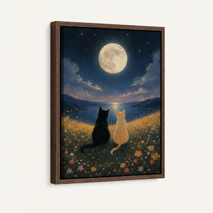 Black cat moon framed canvas wall art – dreamy illustration of black cat sitting in wildflowers gazing at full moon by Aurewall
