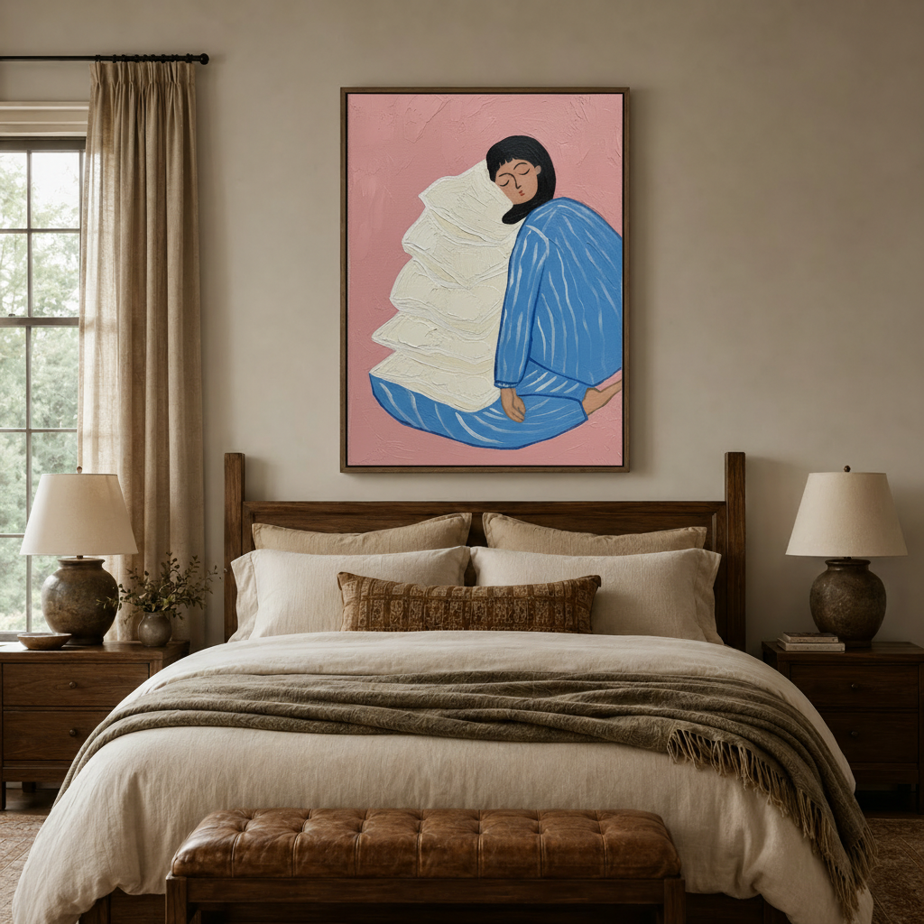 Soft oil painting of resting woman against white pillows above wooden bed frame in warm neutral bedroom