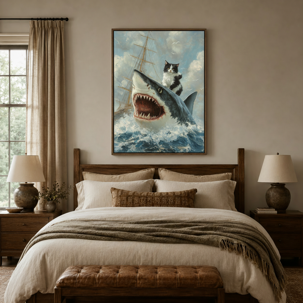 Funny animal oil painting canvas in dark walnut float frame above bed in cozy neutral bedroom