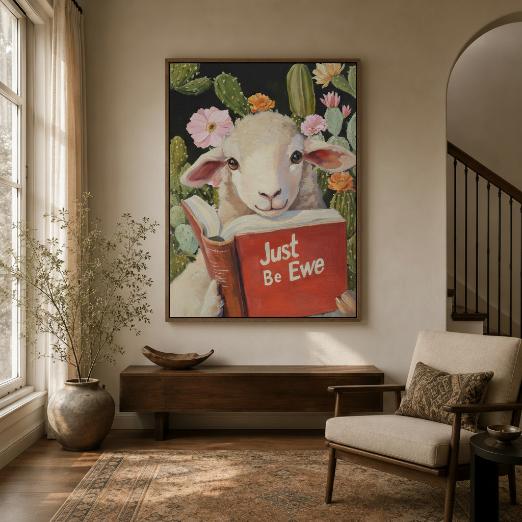 Funny lamb with book canvas art print in a cozy entryway with arched doorway and natural decor