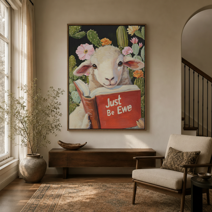 Funny lamb with book canvas art print in a cozy entryway with arched doorway and natural decor
