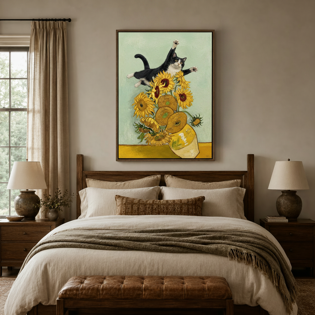 Whimsical cat sunflower wall art framed above bed in cozy neutral bedroom with warm ambient lighting