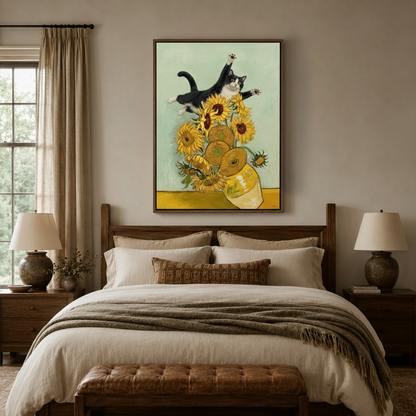 Whimsical cat sunflower wall art framed above bed in cozy neutral bedroom with warm ambient lighting