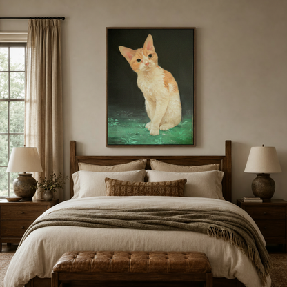 Orange tabby kitten realistic oil painting canvas above bed in cozy neutral bedroom with warm linen bedding