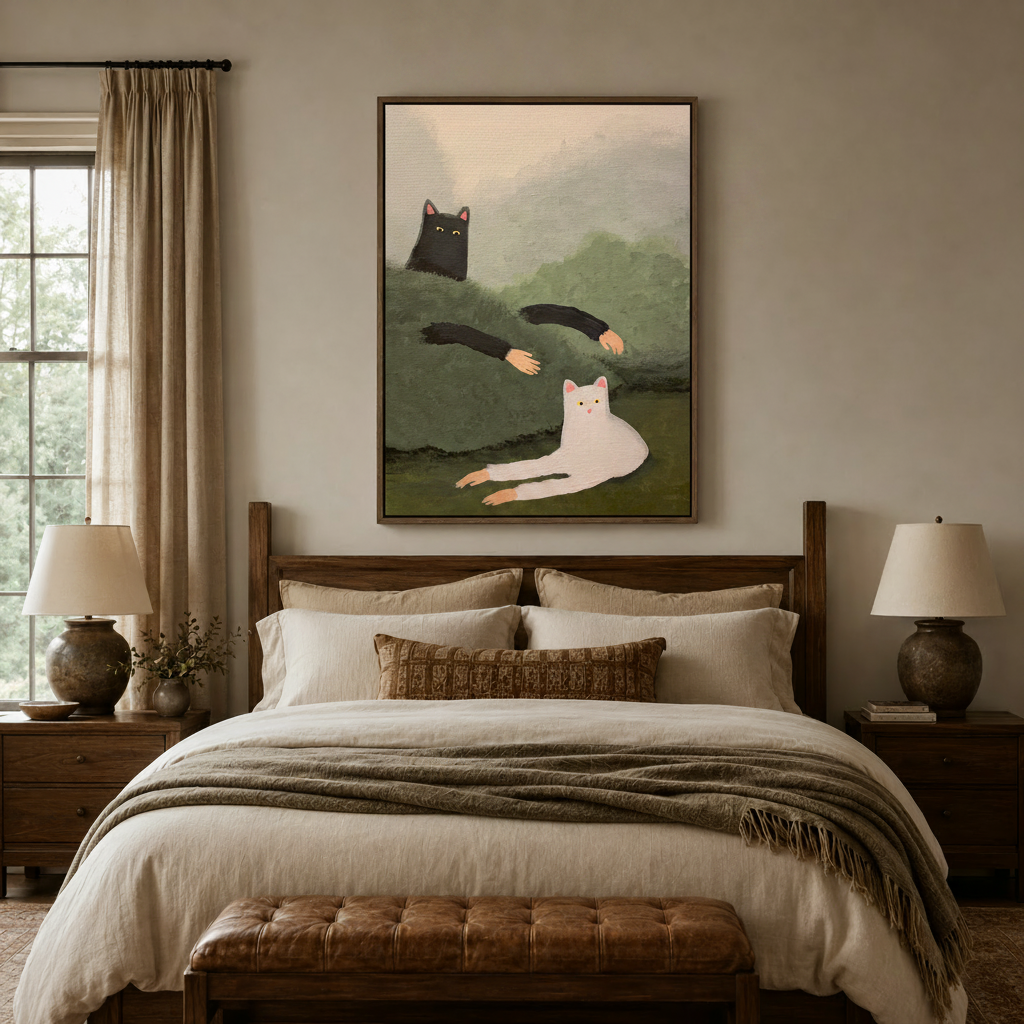 Whimsical cat canvas wall art hanging above bed in a cozy bedroom with warm neutral linen bedding and wooden furniture