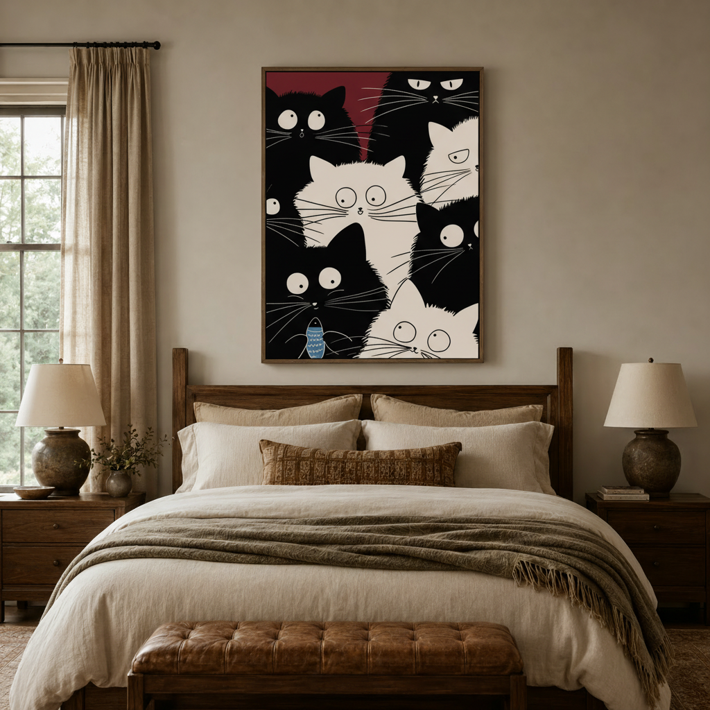 Graphic cat crowd canvas print above dark walnut bed in cozy bedroom setting