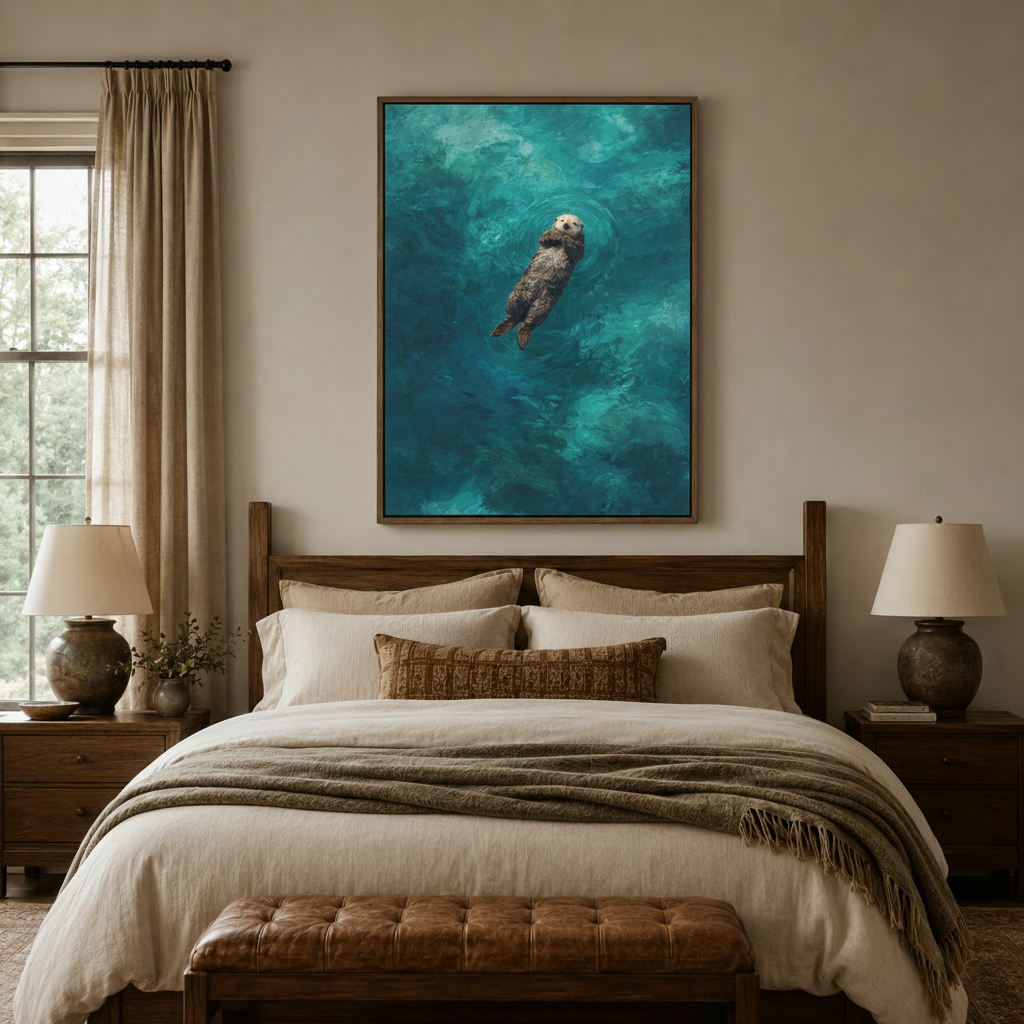 Sea otter wall art in oil painting style above walnut bed in a cozy bedroom