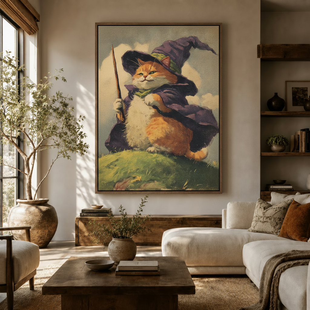 Cat wizard vintage oil painting print hanging in warm Japandi living room setting