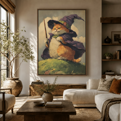 Cat wizard vintage oil painting print hanging in warm Japandi living room setting