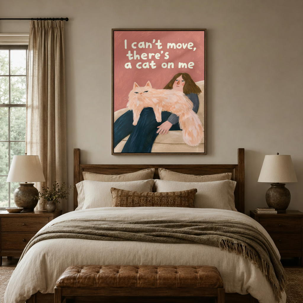 Humorous cat canvas print above bed in cozy bedroom with warm neutral tones and layered pillows