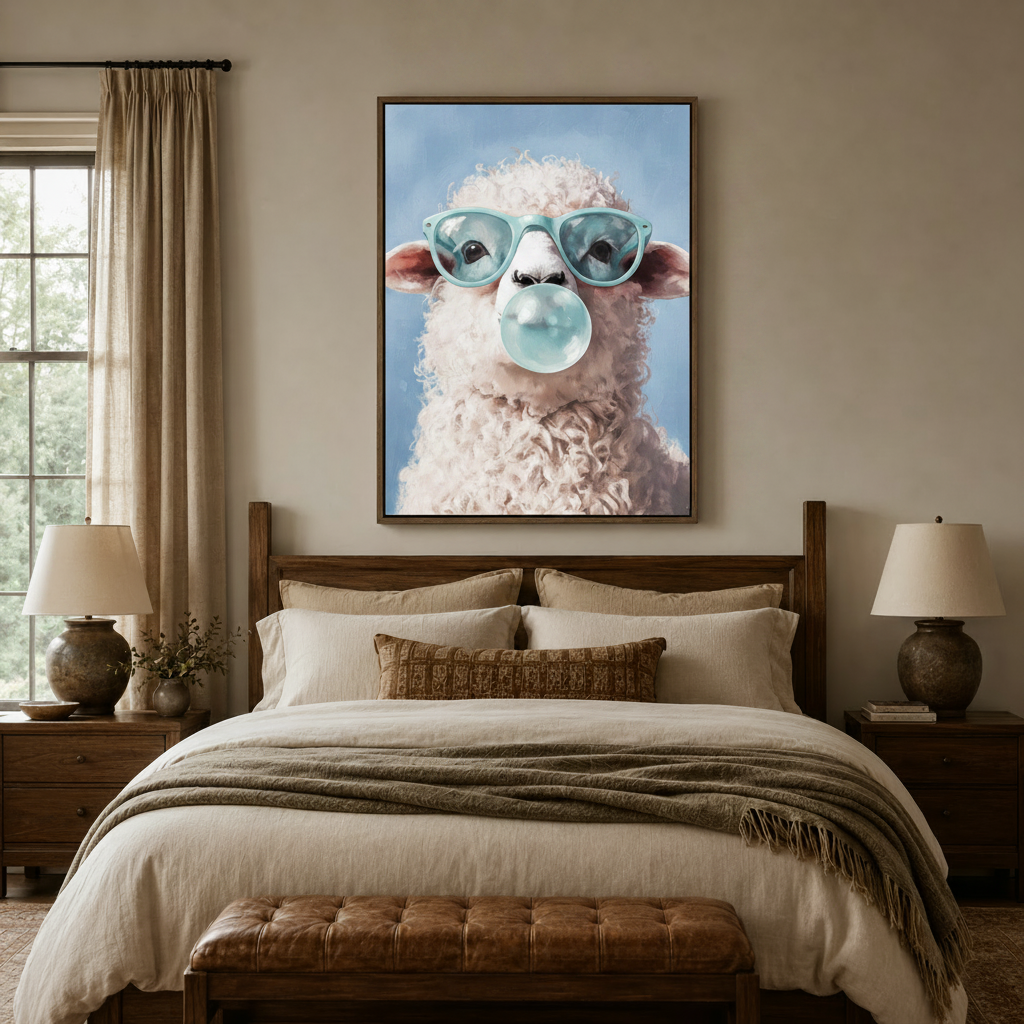 Playful sheep wall art canvas print above a bed in a cozy neutral bedroom setting