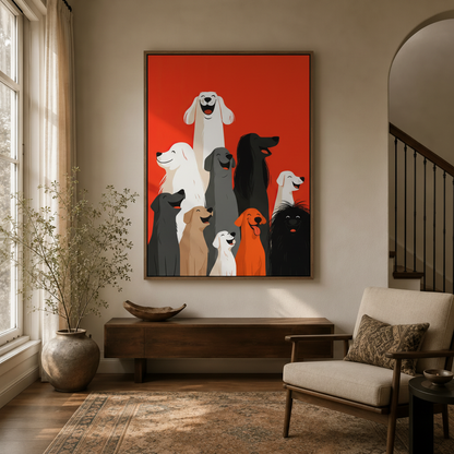 Bold dog illustration wall art in dark walnut float frame displayed in a cozy entryway with arched doorway
